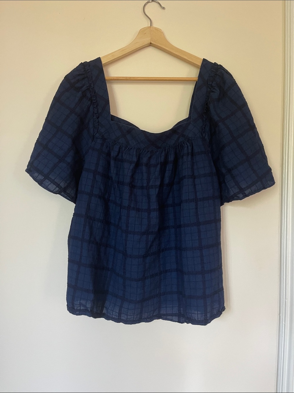 Draper James Navy Plaid Square Neck Peasant Blouse
